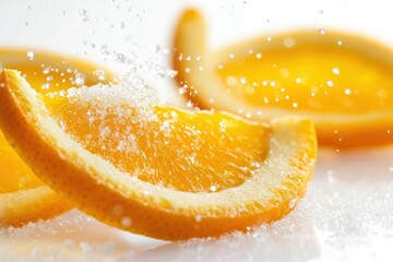 Natural peel and slices of juicy orange in sugar. Concept of health and proper nutrition
