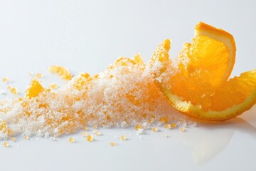 Natural peel and slices of juicy orange in sugar. Concept of health and proper nutrition