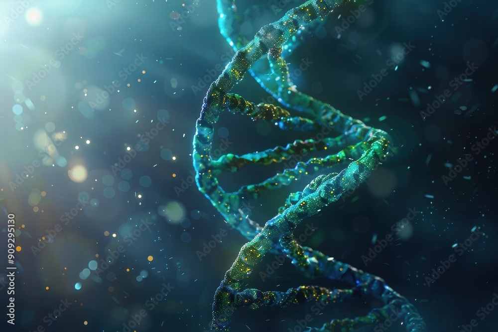 Fototapete A captivating double helix of DNA is illustrated against an abstract, colorful backdrop, enhanced by dynamic light effects and floating particles. Generative AI