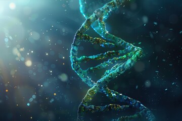 Obraz premium A captivating double helix of DNA is illustrated against an abstract, colorful backdrop, enhanced by dynamic light effects and floating particles. Generative AI