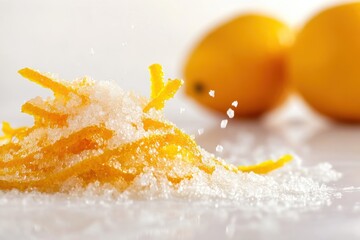Natural peel and slices of juicy orange in sugar. Concept of health and proper nutrition