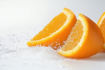 Natural peel and slices of juicy orange in sugar. Concept of health and proper nutrition