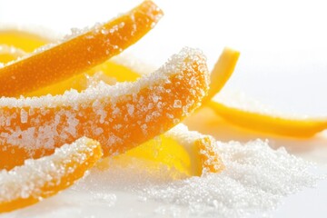 Natural peel and slices of juicy orange in sugar. Concept of health and proper nutrition