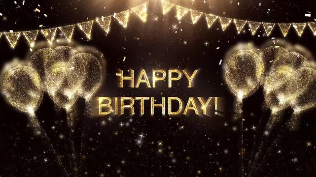happy birthday fancy extravagant expensive celebratory gold champagne glitter video message with balloons 6 seconds animation on a black background