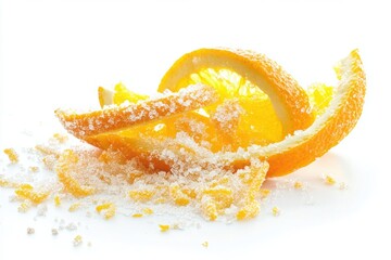 Natural peel and slices of juicy orange in sugar. Concept of health and proper nutrition