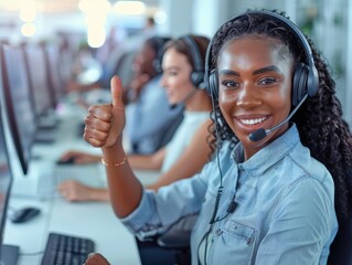 Smiling young african woman customer service operator showing thumbs up in one hand while working with headsets in an open office together with other co-workers.