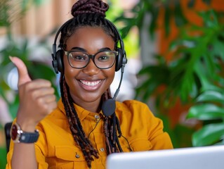 Cheerful customer service representative wearing a headset and yellow shirt, giving a thumbs up gesture while sitting at a desk with a laptop, indicating excellent service and support