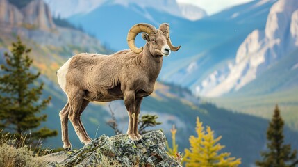 Obraz premium Standing BigHorn Sheep (Ovis canadensis) ram portrait. Canadian Rockies Jasper National Park landscape background. Nature scenery.