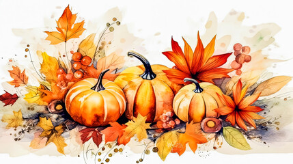 Naklejka premium A painting of three pumpkins and leaves with a white background.