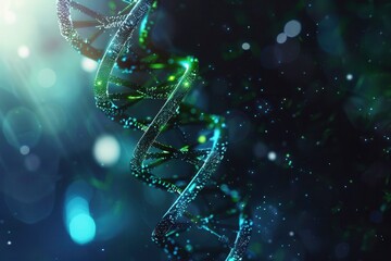 A vibrant representation of a double helix structure of DNA, illuminated by glowing particles against a dark, abstract background. Generative AI