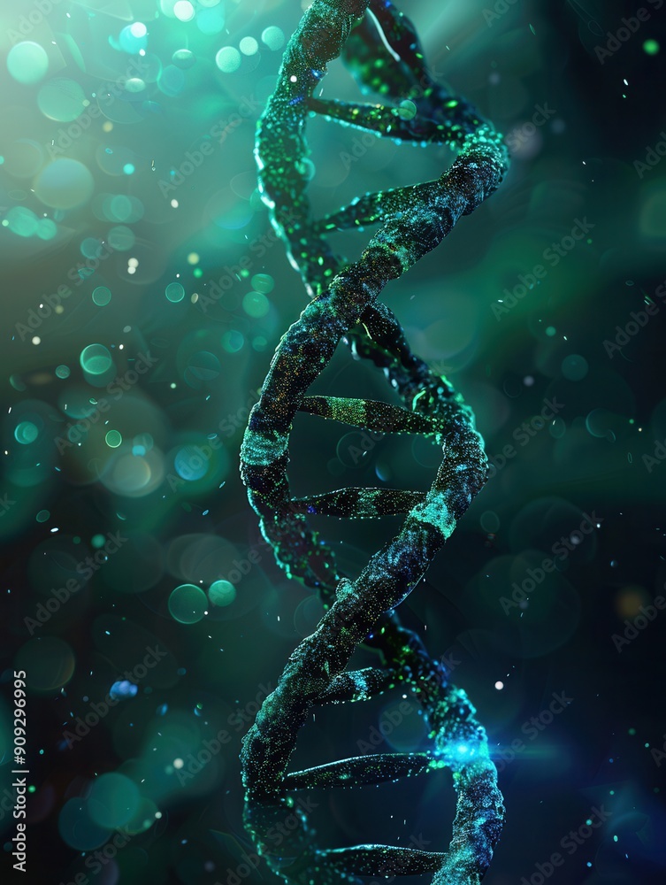 Poster A vivid double helix structure of DNA emerges from a swirling abstract background of blue and green colors, highlighting scientific beauty and complexity. Generative AI
