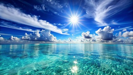 Obraz premium Azure Sky and Pristine Water with Sun Glare, Blue Sky, Clouds, Sea, Water, Beach