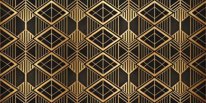 Fototapeta Art Deco Geometric Pattern Black and Gold, Seamless Design, 2D Illustration, Geometric Shapes, Art Deco, Black, Gold