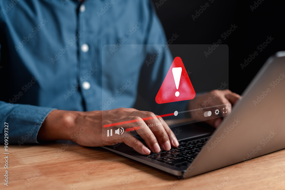 Aufkleber System warning caution alert popup on computer, scam virus attack on firewall for notification error and maintenance. Network security vulnerability, illegal connection and information danger.