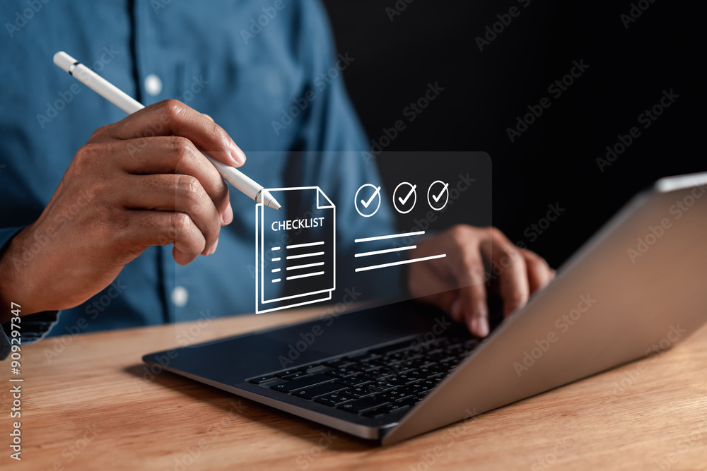 Aufkleber Quality Certificate and Checklist document analyst target marketing planning assignment with quality management. Standardization, certification. Compliance to regulations service and standards.