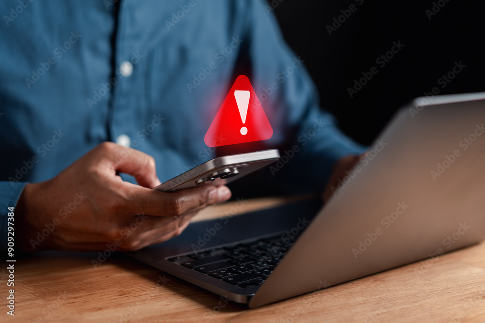 Poster System warning caution alert, scam virus attack on firewall for notification error and maintenance. Network security vulnerability, data breach, illegal connection and information danger.
