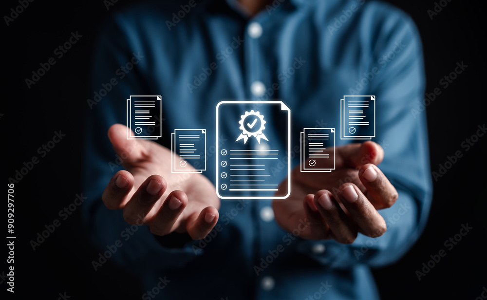 Fototapete Quality Certificate and Checklist document analyst target marketing planning assignment with quality management. Standardization, certification. Compliance to regulations service and standards.