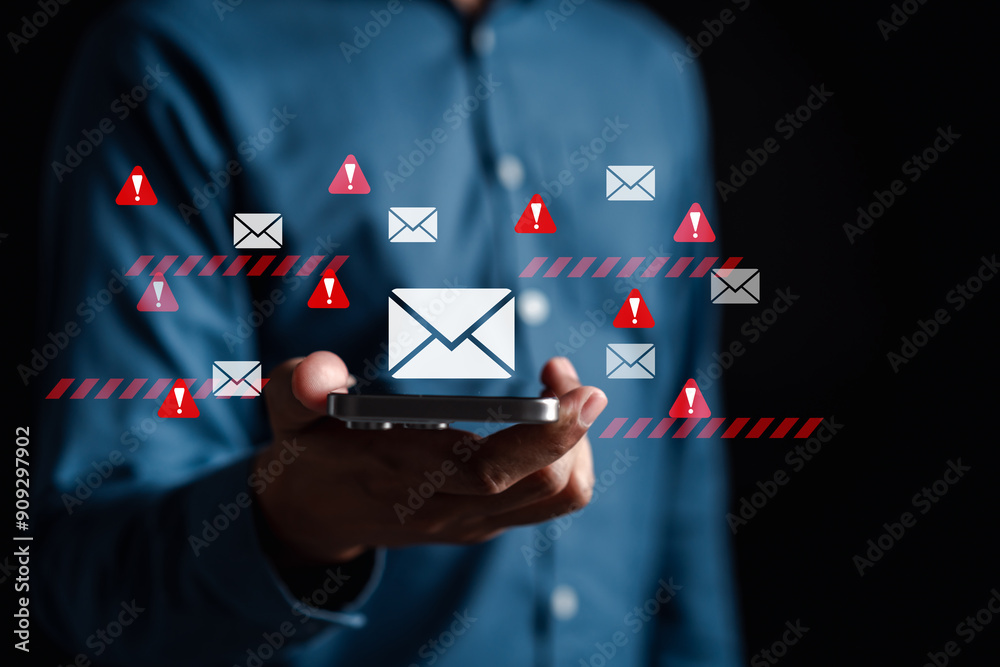 Poster Alert Email inbox and spam virus with warning caution for notification on internet letter security protect, junk and trash mail and compromised information.