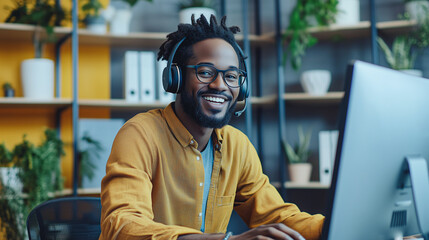 Obraz premium Smiling man with headphones working at a computer in a modern office, showcasing a positive, productive, and tech-savvy work environment. Emphasizing remote work and digital collaboration.