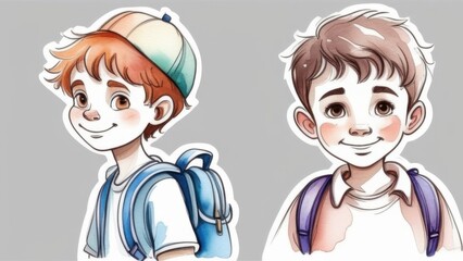 Obraz premium Boys schoolchildren with backpacks on a white background. watercolor drawing of children with school backpacks, education and school concept