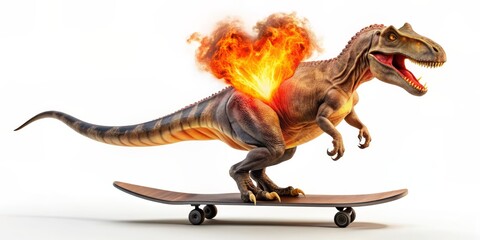 Fototapeta premium Dinosaur on Skateboard with Heart of Fire, 3D Render, Illustration, Dinosaur, Skateboarding, Heart, Fire
