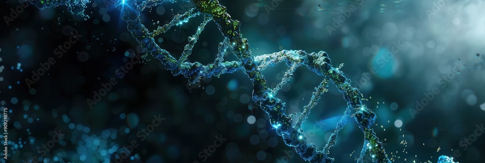 Aufkleber A mesmerizing depiction of a double helix structure of DNA illuminated by vibrant blue and green elements amidst an abstract underwater backdrop. Generative AI