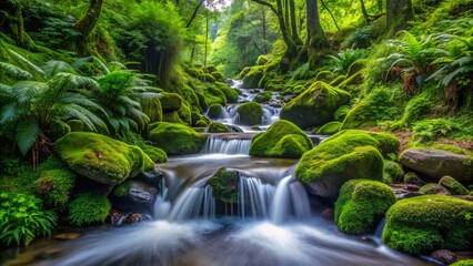 Emerald Cascades A Long Exposure of Lush Mossy Rocks and Flowing Water, waterfall , nature , green , mossy rocks