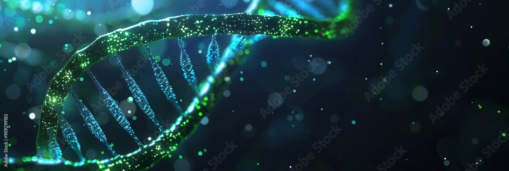 Leinwandbilder An abstract background showcases a double helix DNA structure illuminated by glowing particles against a dark backdrop. Generative AI