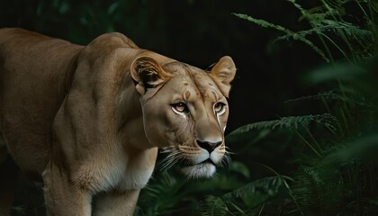 Obraz premium The majestic lioness strides gracefully through the dense jungle, her golden coat glistening in the filtered sunlight. Her piercing eyes scan the surroundings, exuding power and elegance