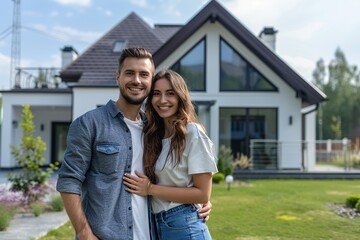 Naklejka premium Portrait of happy young couple near new modern house