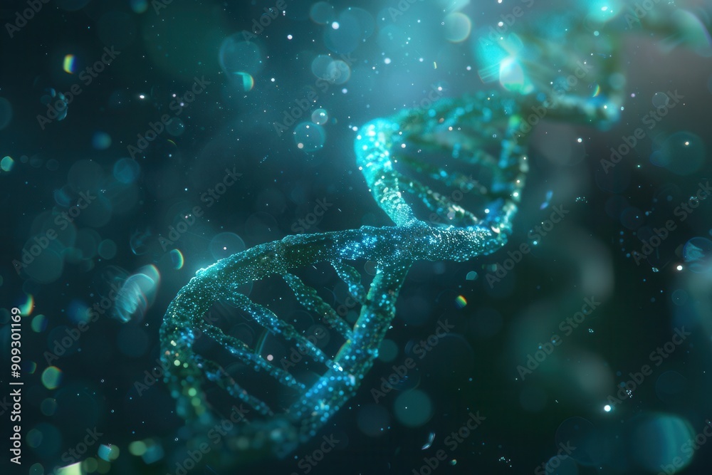 Leinwandbilder An abstract design illustrates a glowing double helix DNA structure with shimmering particles in a captivating array of colors. Generative AI