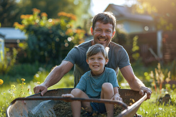 Father riding his son in wheelbarrow