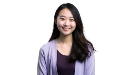 Young Woman With Long Black Hair Smiling Warmly in a Light Purple Sweater a Transparent Background