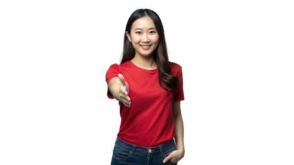 Woman Extending Hand for a Friendly Greeting in Casual Red T-Shirt