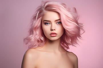 Fototapeta premium beautiful female model looking into the camera on pink background, portrait of a woman