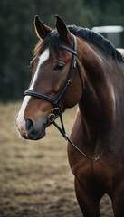 Obraz premium A close-up portrait of a horse with a sleek mane, surrounded by the peaceful embrace of a quiet meadow, capturing the essence of equine elegance