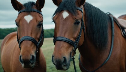 Obraz premium A majestic brown horse stands serenely against a backdrop of lush green forest. The sunlight highlights its glossy coat and gentle eyes, embodying the tranquil beauty of nature