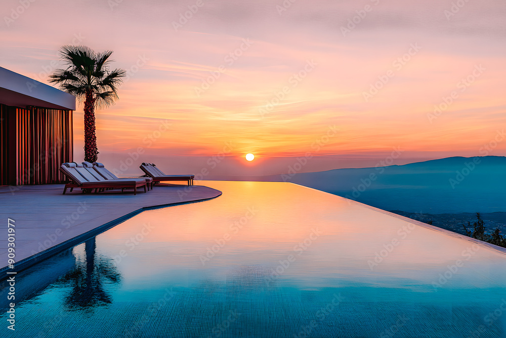 Poster Piscine et palmiers au coucher du soleil