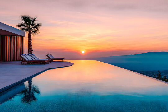 Piscine et palmiers au coucher du soleil