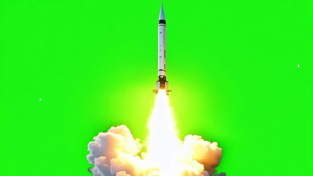 The rockets engines produce an intense roar as it breaks through the Earths atmosphere and enters the void of space. Green screen chromakey