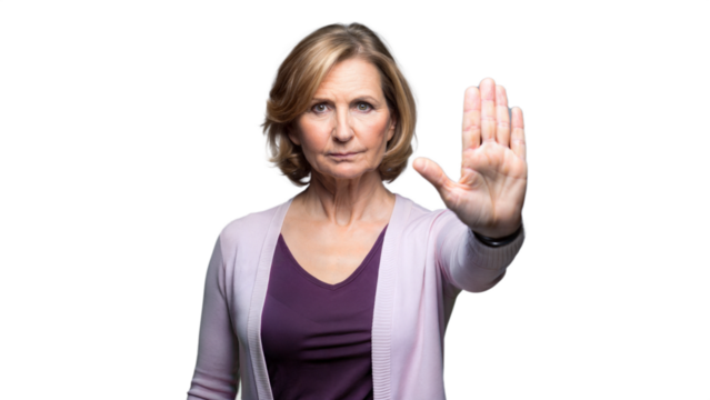 Woman Holding Up Hand to Signal Stop on a Transparent Background
