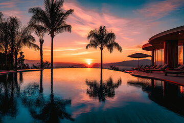 Obraz premium Piscine et palmiers au coucher du soleil