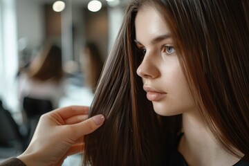 Fototapeta premium Hairdresser making hairstyle for young girl in beauty hair salon