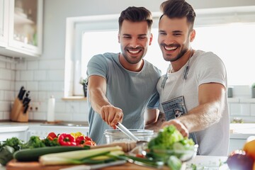Young gay couple cooking healthy food in the kitchen