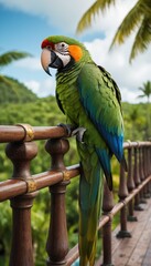Obraz premium Amidst a verdant paradise, a striking parrot with a fiery red crest surveys the scene, its piercing gaze and colorful plumage a vivid splash against the jungle's deep green canvas