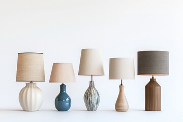 Modern illumination array. Diverse lamp styles unite. Materials blend harmoniously. White backdrop highlights forms. Warm glow emanates. Light auras dance subtly.