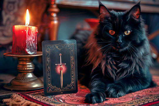a black cat laying on table next to tarot cards and lit candle