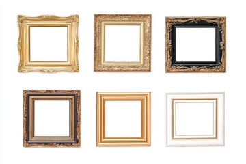 Six unique picture frames in a grid. Diverse designs and intricate details. Showcasing artistic frame craftsmanship on a plain white background.