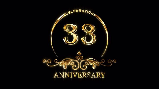 33rd Anniversary Celebration. Happy 33 Years Anniversary Animation in Gold Color on the Transparent Background, Alpha Channel. Great for greetings, celebrations, events, and gifts.