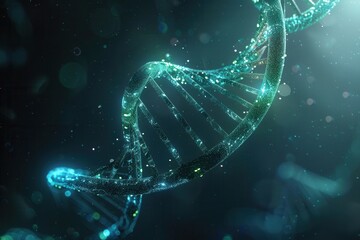 A mesmerizing abstract background showcases a luminous double helix structure of DNA, shimmering in a dark and captivating environment. Generative AI